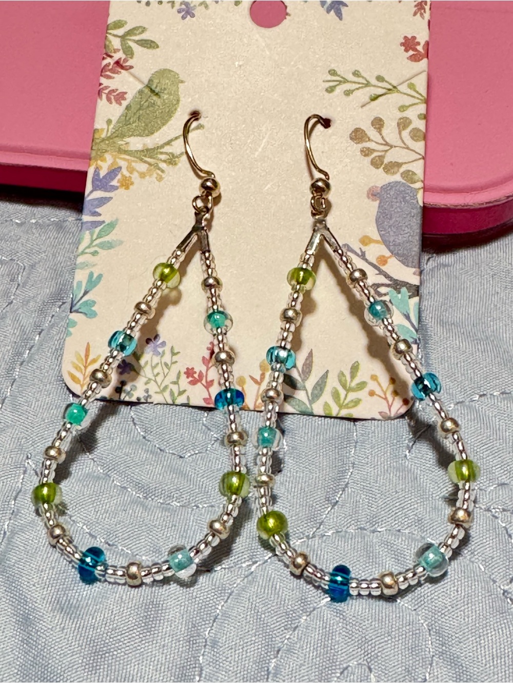 NWOT Handcrafted Silver Green Aqua Blue Glass Beaded Teardrop Hook Earrings